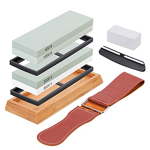 Knife Sharpening Stone Kit- Premium Whetstone Knife Sharpener Stone 2 Side Grit 400/1000 3000/8000- Sharpening Stone Set Includes 2 Nonslip Rubber Bases,Bamboo Base,Flattening Stone,and Leather Strop