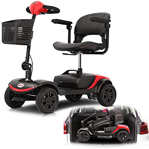 Mobility Scooters for Seniors Folding Mobility Scooters for Adults with Basket Leather Seat for Gravida, Foldable in Boot Trunk for Outdoor Activities (Red)