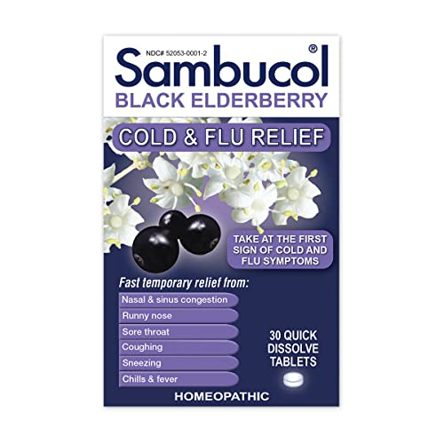 Sambucol Black Elderberry Homeopathic Cold & Flu Relief Tablets, Helps Relieve Nasal and Sinus Congestion, Runny Nose, Sore Throat, Coughing, Sneezing, Chills and Fever, 30 Count