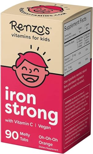 Renzo's Iron Supplements for Kids - Dissolvable Vegan Iron Supplement with Vitamin C - Sugar Free, Oh-Oh-Oh Orange Flavor, 90 Melty Tabs