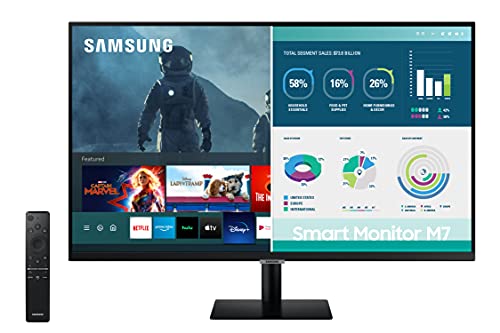 SAMSUNG 32' M7 Smart Monitor&Streaming TV, 4K UHD, Adaptive Picture, Ultrawide Gaming View, Watch Netflix, HBO, PrimeVideo, AppleAirplay, Alexa,BuiltIn Speakers, Remote,HDMI,USB-C,LS32AM702UNXZA,Black