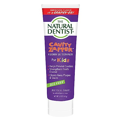 The Natural Dentist Cavity Zapper Fluoride Gel Toothpaste For Kids Daily Use, Not Yucky Grape Flavor, 5 Ounce Tube, Reduces Plaque, Helps Prevent Gingivitis and Cavities, No SLS, Sulfate Free