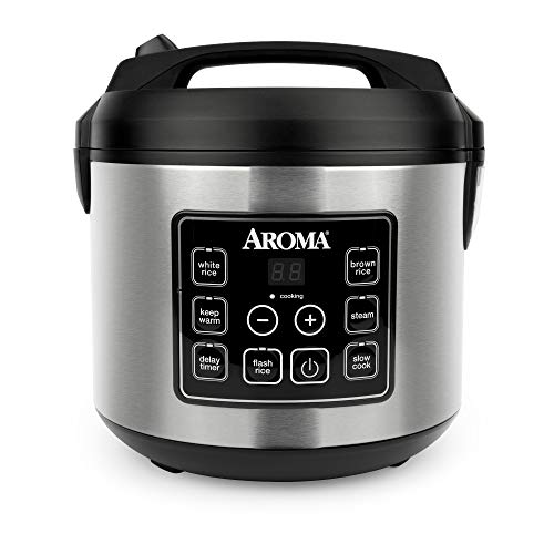 Aroma Housewares 20 Cup Cooked (10 cup uncooked) Digital Rice Cooker, Slow Cooker, Food Steamer, SS Exterior (ARC-150SB),Black