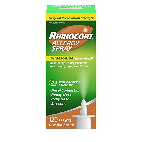 rhinocort Allergy Nasal Spray with Budesonide Allergy Medicine, Non-Drowsy 24 Hour Relief, Prescription Strength Indoor and Outdoor Allergy Relief, Scent-Free and Alcohol-Free, 120 Sprays