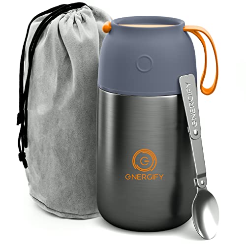 ENERGIFY Vacuum Insulated Food Jar. 24oz Thermos Includes Folding Spoon and Cup. Hot & Cold Drinks, Lunch Container For Kids and Adults. Made of Premium BPA-Free Stainless Steel, Leak Proof, Grey.