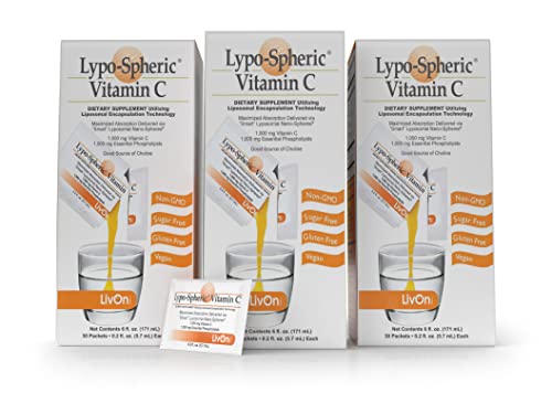 LivOn Laboratories Lypo–Spheric Vitamin C – 3 Cartons (90 Packets) – 1,000 mg Vitamin C & 1,000 mg Essential Phospholipids Per Packet – Liposome Encapsulated for Improved Absorption – 100% Non–GMO
