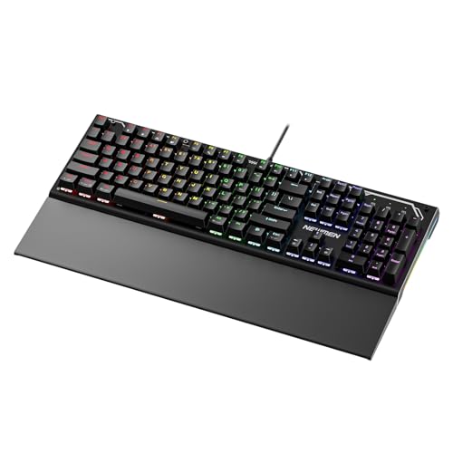 Newmen GM101 Wired Mechanical Gaming Keyboard with Wrist Rest,104 Keys RGB Backlit Anti-Ghosting Programmable Gaming Keyboard,Aluminum Hot-Swappable Mechanical Keyboard for Windows/PC/MAC(Red Switch)
