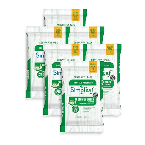 Simpleaf Flushable Wet Wipes Cucumber | Eco-Friendly, Paraben & Alcohol Free | Hypoallergenic & Safe for Sensitive Skin | Soothing Aloe Formula | (6 x 25 Counts Convenient Pack) 150 Counts Total