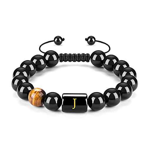 FRG Initials Bracelets for Men Letter Link Handmade Natural Black Onyx Tiger Eye Stone Beads Braided Rope Meaningful Bracelet (obsidian-J, obsidian)