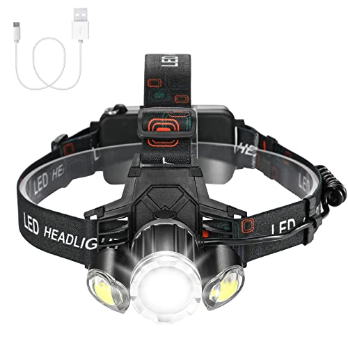 Consciot LED Headlamp Rechargeable, 1000LM Zoomable Headlight with T6 LED 4 Light Modes, COB 240° Wide Beam, Adjustable Headband, Waterproof Flashlight with Red Light for Outdoors Camping, Running.