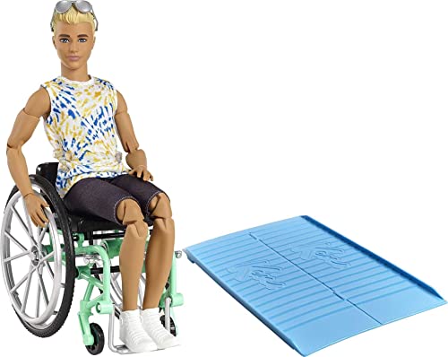 Barbie Ken Fashionistas Doll #167 with Wheelchair & Ramp Wearing Tie-Dye Shirt, Black Shorts, White Sneakers & Sunglasses, Toy for Kids 3 to 8 Years Old