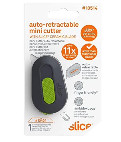 Slice 10514 Mini Box Cutter, Package and Box Opener, Safe Ceramic Blade Retracts Automatically, Stays Sharp Up to 11x Longer, Right or Left Handed, Keychain, Magnetic, Pack of 1