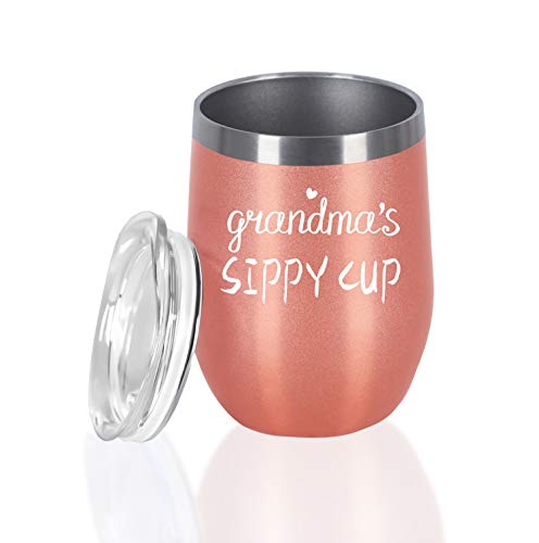 Grandma's Sippy Cup Wine Tumbler, Christmas Mother's Day Gifts for Grandma Grandmother Nana Gigi, 12 Oz Insulated Stainless Steel Wine Tumbler Mug with Lid and Straw