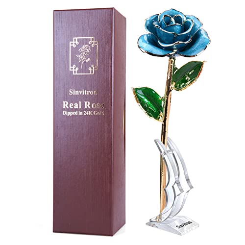 Gold Dipped Rose, Gifts for Mom, Sinvitron Long Stem 24k Gold Dipped Real Rose Lasted Forever with Stand, Best Mothers Day Anniversary Valentines Day Gifts for Her (Light Blue)
