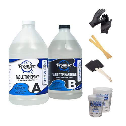 Promise Epoxy- Clear Coat Table Top Epoxy Resin | 2-Part 1 Gal (0.5 Gal Epoxy Resin & 0.5 Gal Hardener Set)| Resin Epoxy Kit with Mixing Cups, Stir Sticks, Brushes, & Gloves | DIY Craft Supplies