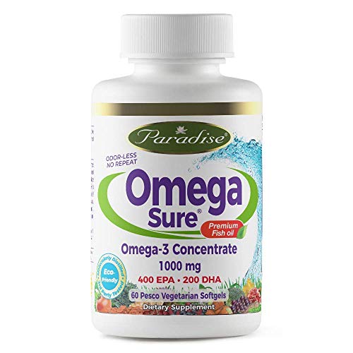 Paradise Herbs Omega-3 Concentrate, Premium Fish Oil, DHA, EPA, Vegan, Non GMO, Gluten Free, 60 Count Vegetarian Soft gels