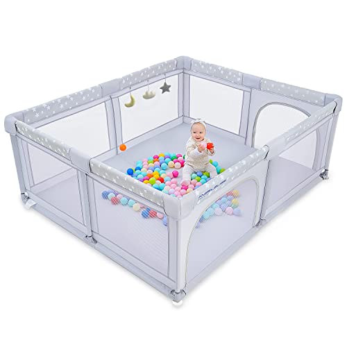 Baby Playpen, ANGELBLISS Playpen for Babies and Toddlers, Extra Large Play Yard with Gate, Indoor & Outdoor Kids Safety Play Pen Area with 3 Plush Toys, Star Print (Grey, 71'×59')