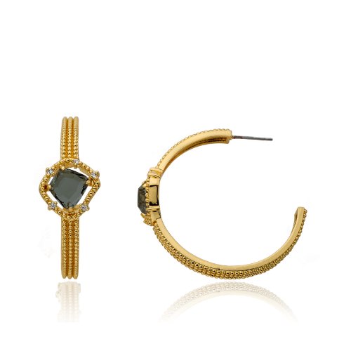 Riccova Sliced Glass 14k Gold-Plated Studded Hoop Earring Accented With CZ Adorned Black Sliced Glass Center Stone
