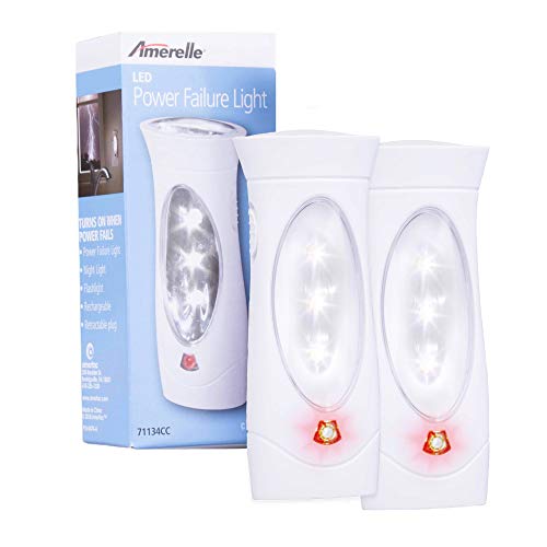 Amerelle LED Emergency Lights For Home Power Failure, 2 Pack – Triple Function Power Failure Light and Plug In Flashlight Combo, With Rechargeable Battery – Be Snow Storm & Hurricane Ready (71134)