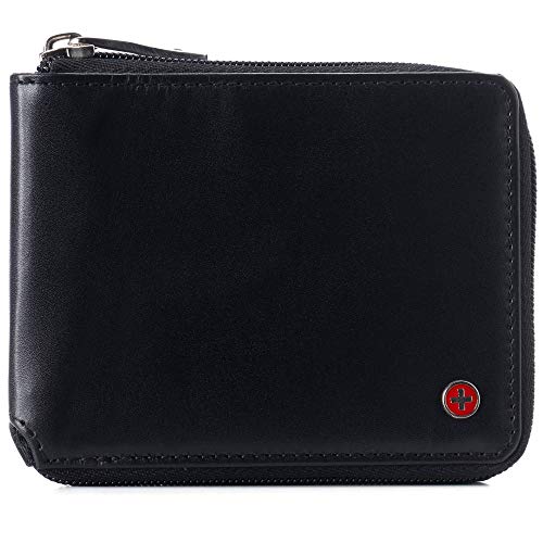 Alpine Swiss Logan Mens RFID Safe Zipper Wallet Leather Zip Around Bifold Comes in Gift Box Black