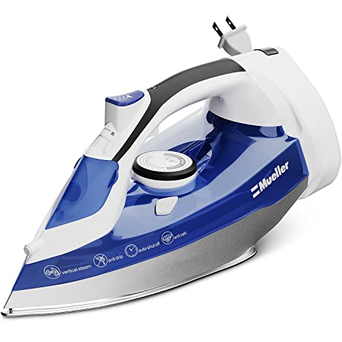 Mueller Professional Grade Steam Iron, Retractable Cord for Easy Storage, Shot of Steam/Vertical Shot, 8 Ft Cord, 3 Way Auto Shut Off, Self Clean Blue