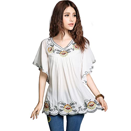 Ashir Aley New Floral Embroidered Flowy Sleeve Wrap Ruffled Peasant Tops Blouse(S,White)