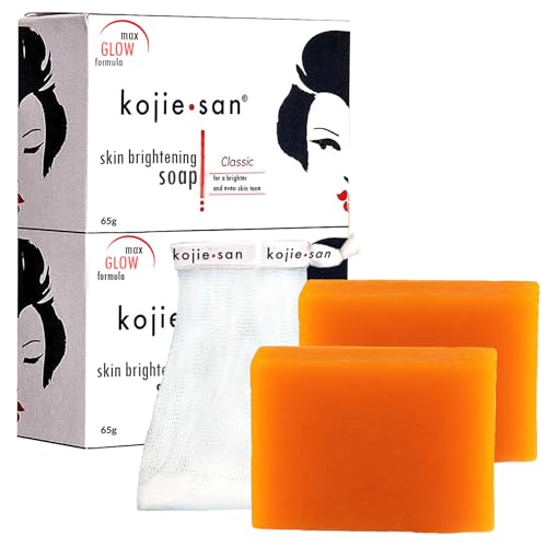 Kojie San Skin Brightening Soap - Original Kojic Acid Soap that Reduces Dark Spots, Hyperpigmentation, & Scars with Coconut & Tea Tree Oil - 65g x 2 Bars with Net