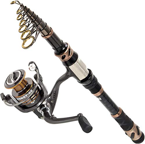 PLUSINNO Fishing Rod and Reel Combos - Carbon Fiber Telescopic Fishing Pole - Spinning Reel 12 +1 Shielded Bearings Stainless Steel BB，Travel Saltwater Freshwater Full Kit 5.91FT