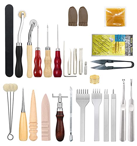 PLANTIONAL Leather Crafting Tools and Supplies: 26 Pieces Leather Working Tools Set with Groover Awl Waxed Thread Thimble Kit for Stitching Punching Cutting Sewing Leather Craft Making