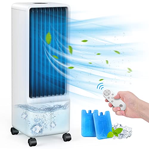 Evaporative Air Cooler - AGILLY 2-In-1 32-Inch Portable Air Conditioner & Cooling Fan with 80°Wide Oscillation, 4 Modes, 2 Ice Packs, Remote Control, 12H Timer Swamp Cooler for Room Home Office White