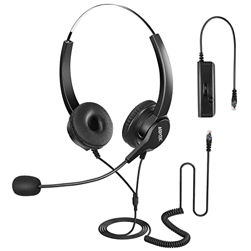 AGPTEK Hands-Free Call Center Noise Cancelling Corded Binaural Headset Headphone with 4-Pin RJ9 Crystal Head and Mic Microphone for Desk Phone - Telephone Counselling Services, Insurance, Hospitals