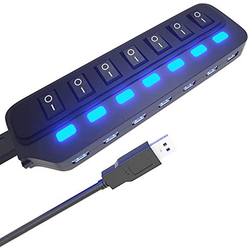 USB Hub 3.0 Splitter,7 Port USB Data Hub with Individual On/Off Switches and Lights for Laptop, PC, Computer, Mobile HDD, Flash Drive and More