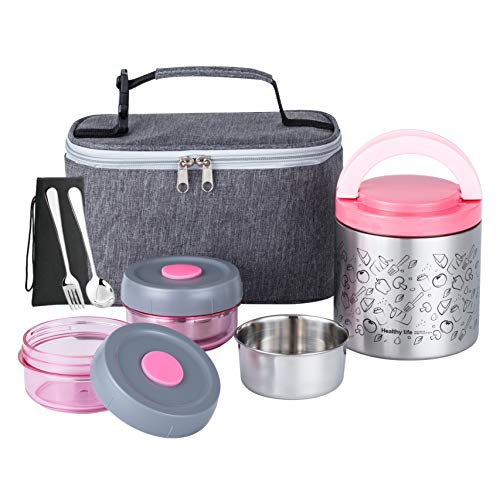 Lille Home Vacuum Insulated Lunch Box Set for Men & Women - Leak-Proof Bento Box, Meal Prep & Food Storage Containers, Lunch Bag, Portable Silverware Set (Pink)