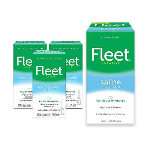 Fleet Saline Enema, 4 Count and Fleet Laxative Liquid Glycerin Suppositories for Adult Constipation Relief | 4 CT | 3 Pack