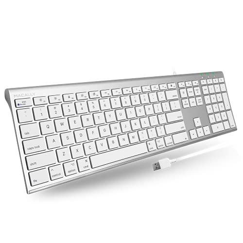 Macally Ultra Slim USB Wired Computer Keyboard - Compatible Apple Keyboard or Windows - Full Size Keyboard with 20 Mac Keyboard Keys - Apple Keyboard with Numeric Keypad - Silver Aluminum Finish