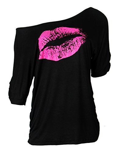 Smile Fish Women Casual Oversized 80s Lips Print Off Shoulder T-Shirt (2XL, Black-Rose)