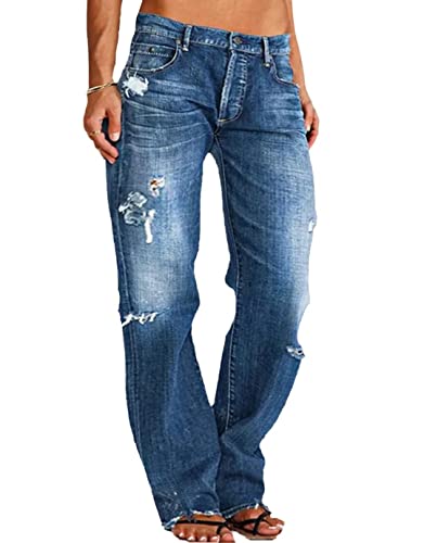 Flamingals Straight Leg Jeans for Women Ripped Raw Hem Low Waisted Navy Blue