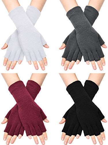 SATINIOR Fingerless Gloves for Women Half Finger Gloves Winter Stretchy Knit Fingerless Mittens Unisex (Black, White, Dark Grey, Wine Red, 4 Pairs)