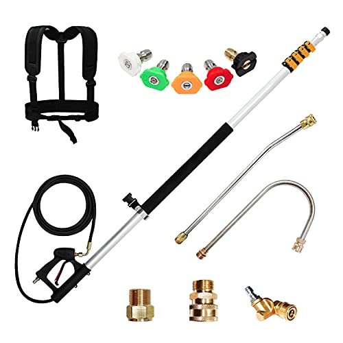 EDOU 24 FT Telescoping Wand Pressure Washer Extension Wand with 15 Degree Extension Wand,Including 5 Spray Nozzle Tips,Gutter Cleaner Attachment,Pivoting Coupler,2 Adapters and Support Belt,4000 PSI