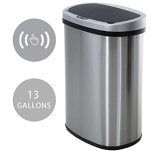 HCB Trash Can Automatic Waste Bin Mute Metal Garbage Can with Lid Stainless Steel 13 Gallon 50 Liter for Kitchen | Office | Bedroom | Bathroom | Living Room, 11” x 16” x 23”