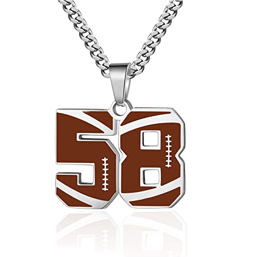 ZRAY Football Number Necklace for Boys Athletes Jersey Number Necklace Silver Stainless Steel Chain 22+2inch Football Charm Pendant Number Chain Inspirational Football Jewelry Gift for Men(58)