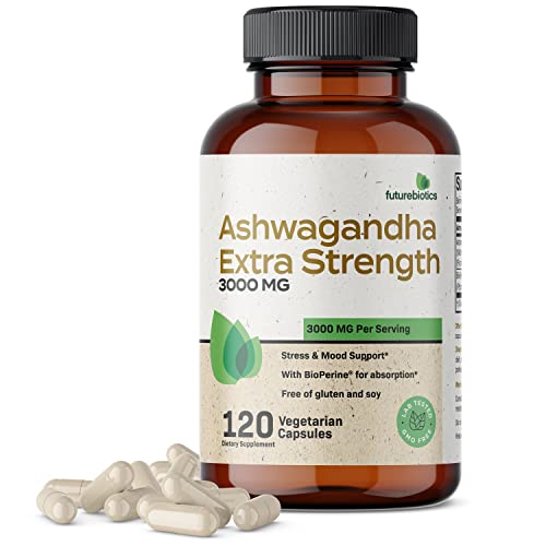 Futurebiotics Ashwagandha Capsules Extra Strength 3000mg - Stress Relief Formula, Natural Mood Support, Stress, Focus, and Energy Support Supplement, 120 Capsules