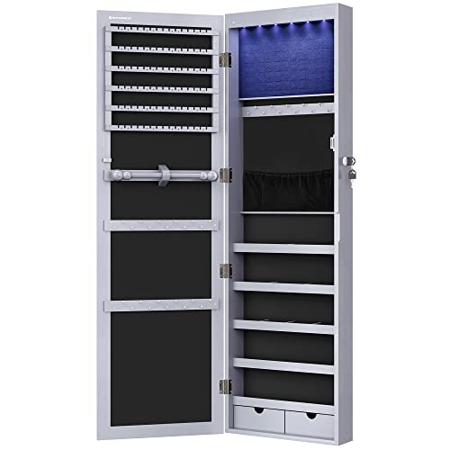 SONGMICS 6 LEDs Cabinet Lockable 47.2' H Wall/Door Mounted Jewelry Armoire Organizer with Mirror, 2 Drawers, Gray UJJC93GY