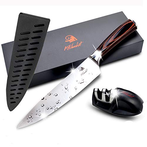 Chef's Knife 8 Inch With Sharpener Plus Cover Sheath| Kitchen Knife Professional Grade Crafted From Stainless Steel | No Slip Grip Balanced Full Tang Pakkawood Handle!
