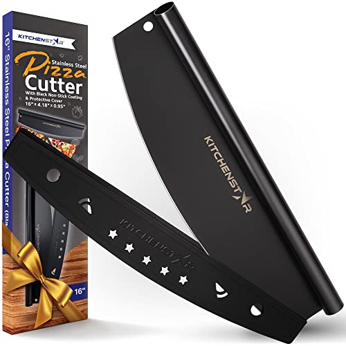 16' Black Non-Stick Pizza Cutter by KitchenStar | Sharp Stainless Steel Slicer Knife - Rocker Style w Blade Cover | Chop and Slices Perfect Portions + Dishwasher Safe – Premium Pizza Oven Accessories