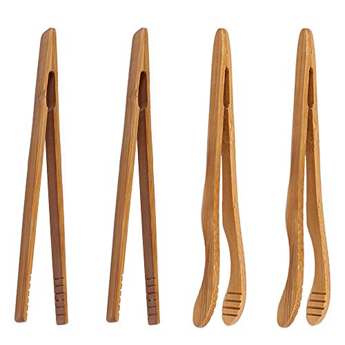 ONERUSUS 4 pack Bamboo Toaster Tongs - 7” Reusable Wood Cooking Tongs -Ideal Kitchen Utensil For Cheese Bacon Muffin Fruits Bread- Ultra Grip - Eco-friendly (Yellow-4 pcs)