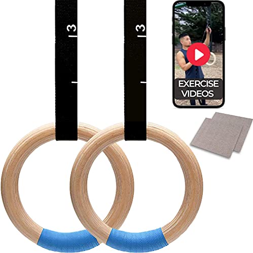 Wooden Gymnastic Rings with Adjustable Straps - 1.25” Non-Slip Olympic Rings 1600lbs - 15ft Long Numbered Straps - Quick Install Cam Buckle - For Pull Ups Cross-Training and Home Gym Full Body Workout