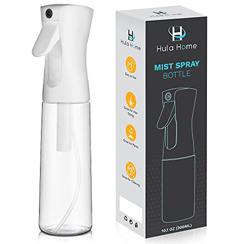 Hula Home Continuous Spray Bottle (10.1oz/300ml) Empty Ultra Fine Plastic Water Mist Sprayer – For Hairstyling, Cleaning, Salons, Plants, Essential Oil Scents & More - White