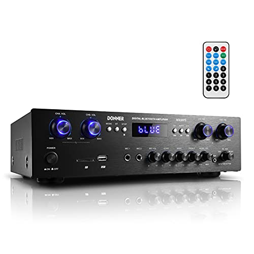 Donner Bluetooth 5.0 Stereo Audio Amplifier Receiver, 4 channel, 440W Peak Power Home Theater Stereo Receiver USB, SD,FM, 2 Mic IN Echo, RCA, LED, Speaker Selector For Studio, Home-MAMP5