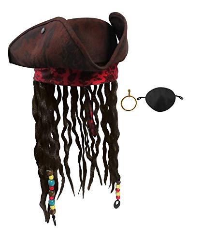 Adult Deluxe Pirate Hat with Dreadlocks Hair Braids Eye Patch Earring Pirate Set - Buccaneer Tricorn Pirate Hat - Caribbean Pirate Hat - Pirate Costume Accessories Set, Adjustable Size Brown